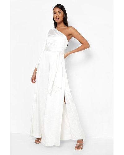 Boohoo Satin One Shoulder Drape Maxi Dress - White