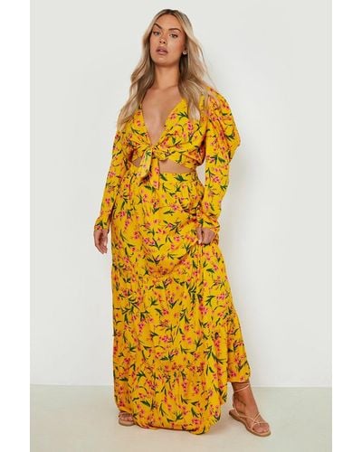 Boohoo Plus Floral Maxi Skirt Puff Sleeve Two-piece - Yellow