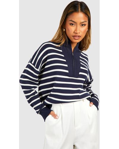 Boohoo Half Zip Stripe Sweater - Blue