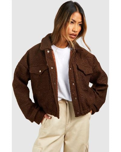 Boohoo Textured Wool Look Crop Shacket - Brown