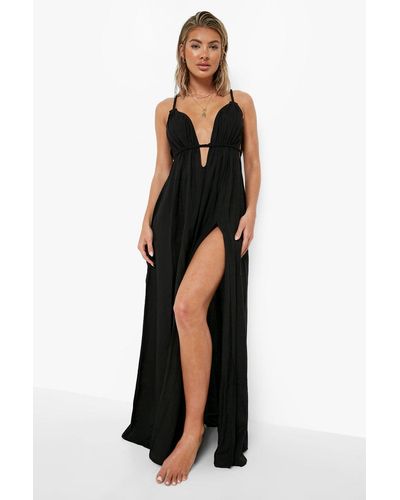 Boohoo Linen Look Strappy Cut Out Beach Dress - Black