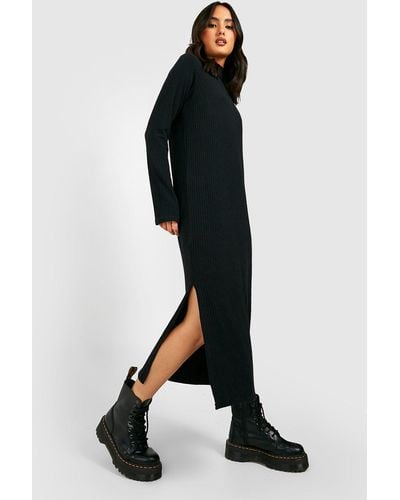 Boohoo Soft Rib High Neck Midi Sweater Dress - Black
