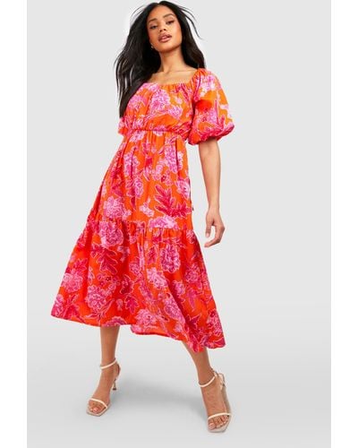 Boohoo Floral Puff Sleeve Skater Dress - Red