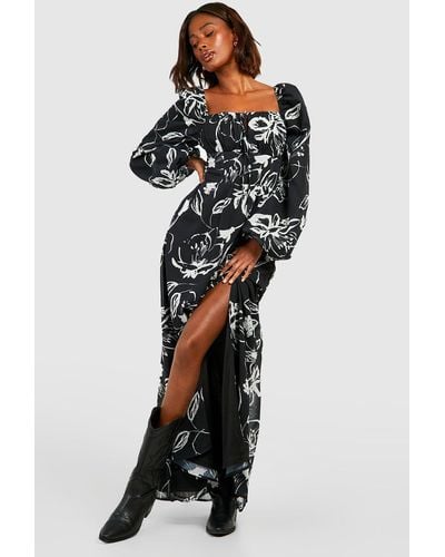 Boohoo Floral Puff Sleeve Rouched Bust Maxi Milkmaid Dress - Black