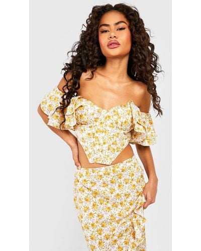 Boohoo Floral Ruffle Sleeve Off The Shoulder Corset Top - Yellow