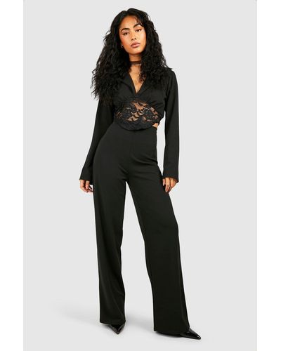 Boohoo Corset Lace Up Detail Wide Leg Jogger in Black