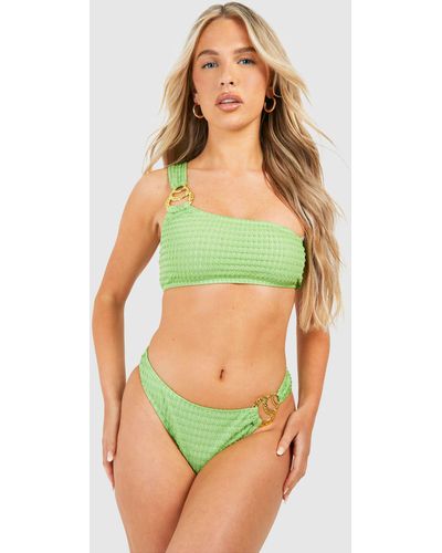 Boohoo Gold Trim Textured One Shoulder Bikini Set - Green