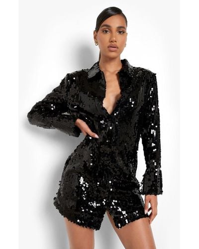 Boohoo Sequin Split Cuff Power Shoulder Shirt Party Dress - Black