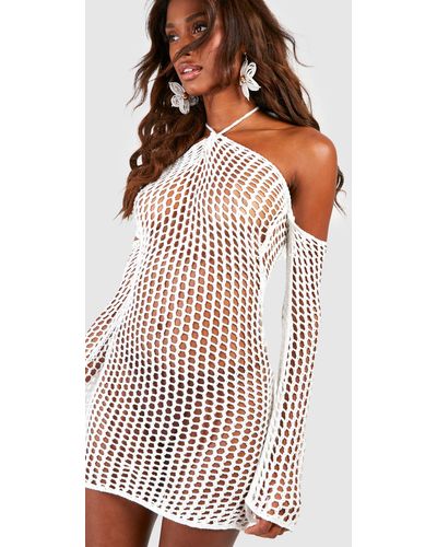 Boohoo Halter Open Crochet Mini Dress - White