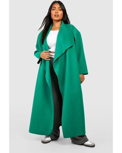 Boohoo Plus Wool Look Waterfall Coat - Green