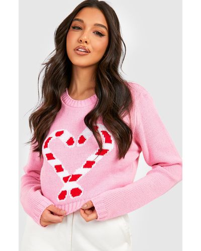 Boohoo Candy Cane Crop Christmas Sweater - Pink