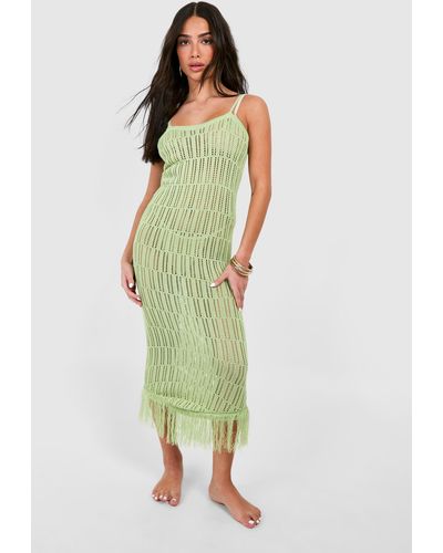 Boohoo Petite Crochet Frayed Hem Beach Dress - Green