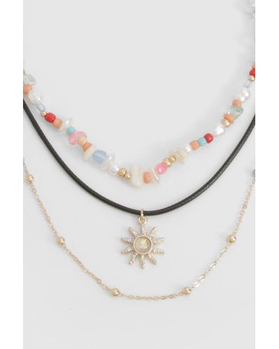 Boohoo Bead & Rope Detail Sun Pendant Necklace - Blanco