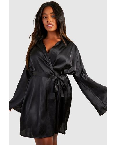 Boohoo Plus Satin Belted Long Sleeve Kimono Robe - Black