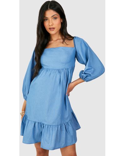 Boohoo Maternity Chambray Puff Sleeve Smock Dress - Blue