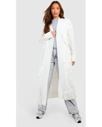 Boohoo Tall Fringe And Cable Detail Midaxi Cardigan - White