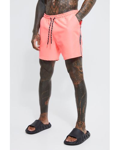 Boohoo Mid Length Official Tape Swim Shorts - Pink