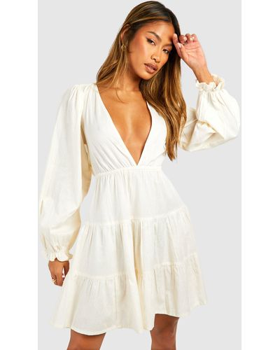 Boohoo Linen Plunge Long Sleeve Tiered Mini Dress - White