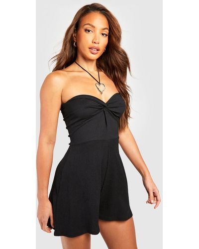 Boohoo Tall Twist Bust Textured Romper - Black