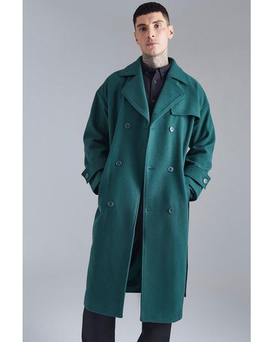 BoohooMAN Double Breasted Storm Flap Overcoat - Green