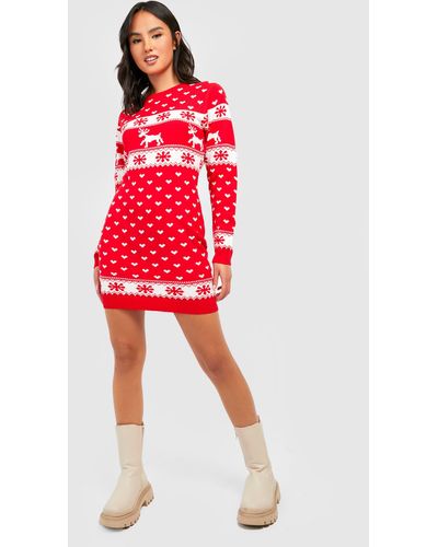 Boohoo Reindeers And Snowflake Christmas Sweater Dress - Red