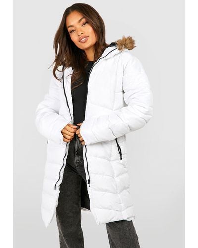 Boohoo Faux Fur Hooded Panelled Parka Coat - White