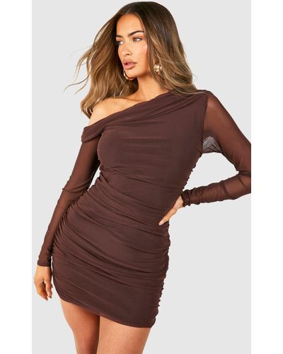 Boohoo One Shoulder Ruched Mesh Long Sleeve Mini Dress - Brown