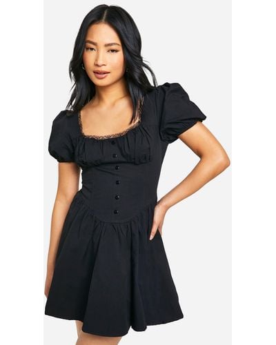 Boohoo Petite Cotton Puff Sleeve Milkmaid Mini Dress - Black
