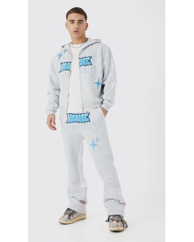 BoohooMAN Oversized Boxy Zip Through Puff Print Gusset Tracksuit - Blue