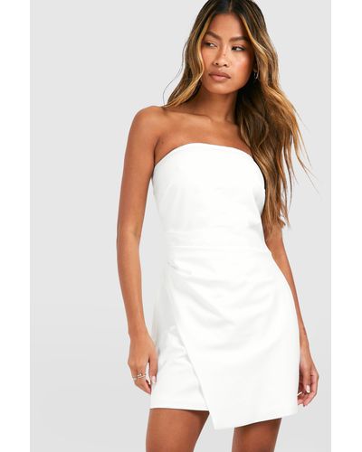 Boohoo Linen Look Drape Bandeau Tailored Mini Dress - White