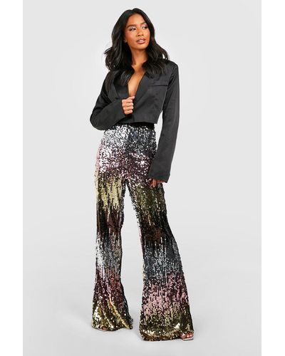 Boohoo Petite Ombre Sequin Flare Trouser - Black