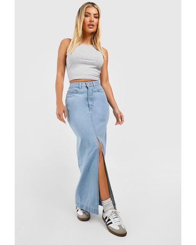 Boohoo Split Front Denim Maxi Skirt - Blue