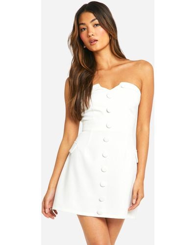 Boohoo Button Front Bandeau Tailored Mini Dress - White