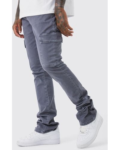 BoohooMAN Skinny Stacked Flare Overdye Cargo Trouser - Blue