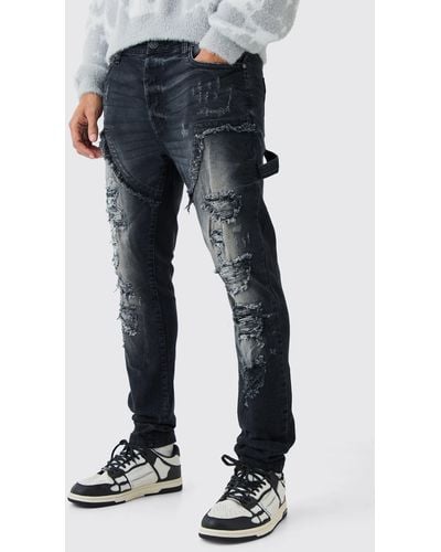 BoohooMAN Skinny Stretch Multi Rip Carpenter Jeans In Washed Black - Blue