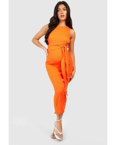 Boohoo Maternity Textured Belted Maxi Dress - Orange
