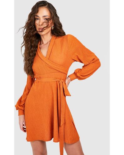 Boohoo Textured Tie Waist Skater Dress - Orange