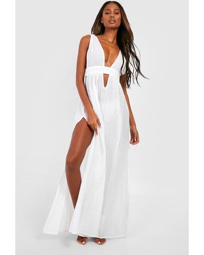 Boohoo Linen Look Plunge Split Maxi Beach Dress - White