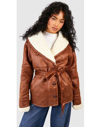 Boohoo Faux Leather Belted Aviator Jacket - Brown