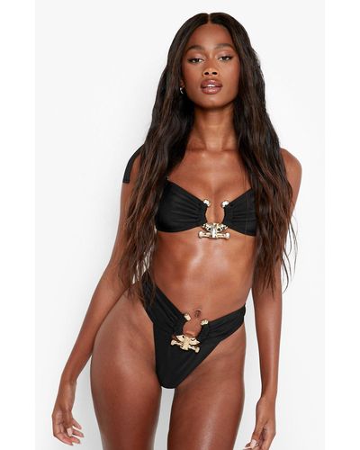 Boohoo Gold Trim High Waisted Tanga Bikini Brief - Black