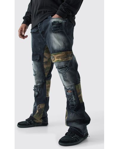 Boohoo Plus Slim Rigid Flare Camo Repair Cargo Jeans - Negro