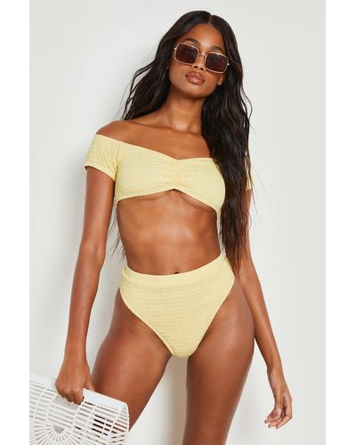 Boohoo Shirred Short Sleeve Bardot Bikini Top - Yellow