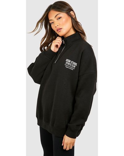 Boohoo Sports Club Slogan Oversized Half Zip Sweatshirt - Black