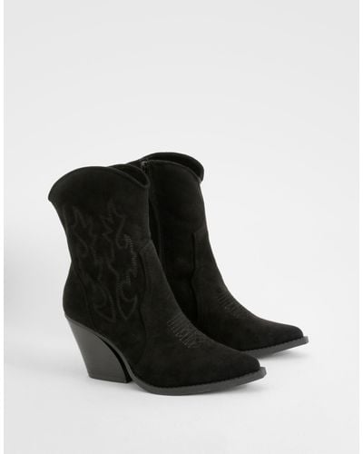 Boohoo Embroidered Calf High Western Boots - Negro