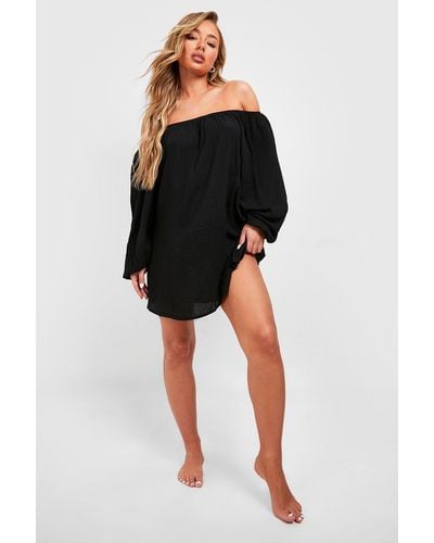 Boohoo Cheesecloth Off The Shoulder Beach Mini Dress - Black
