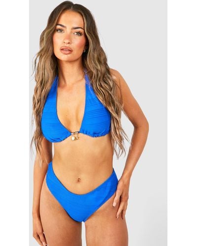 Boohoo Charm Trim Textured Triangle Bikini Set - Blue