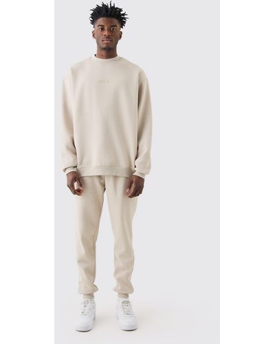 BoohooMAN Offcl Oversized Extended Neck Sweatshirt Tracksuit - Natural