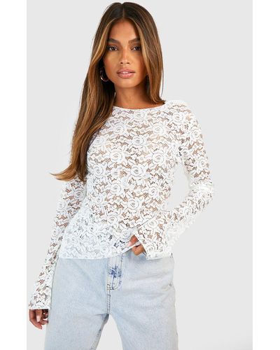 Boohoo Lace Long Sleeve Top - White