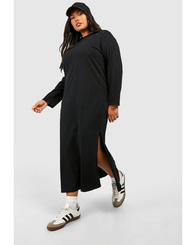 Boohoo Plus Cotton Long Sleeve Split Midaxi Dress - Black