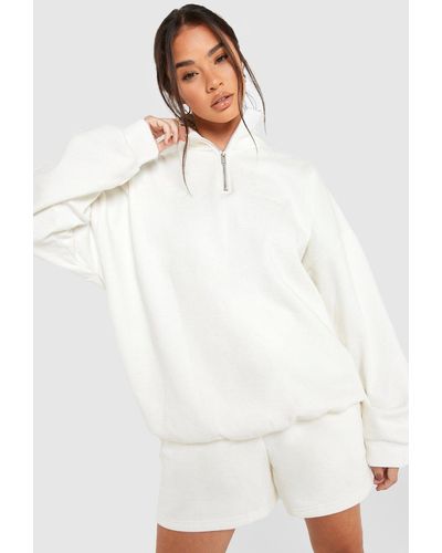 Boohoo Sudadera Premium Con Cremallera A La Mitad - Blanco